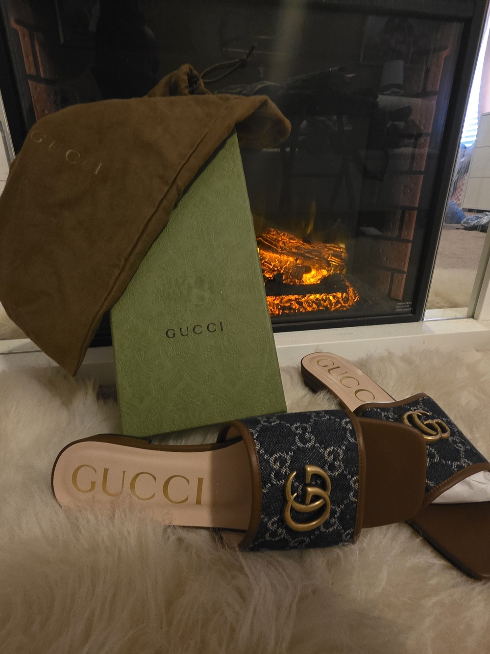 Gucci Brown Leather & Blue Monogram GG Slide Sandals with Gold Hardware